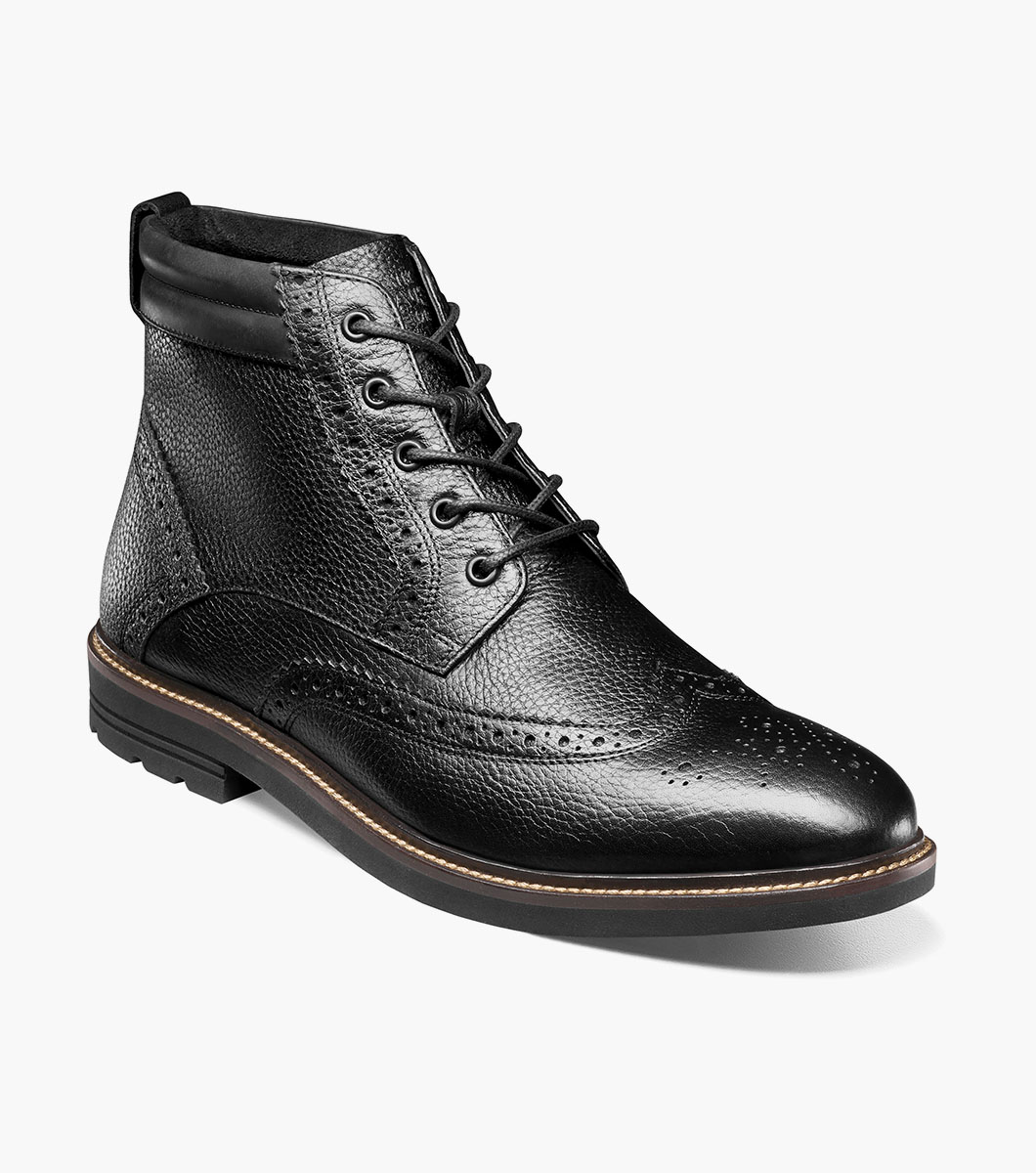 Nunn Bush Shoes Odell II Wingtip Boot Black Tumbled Size 8.5