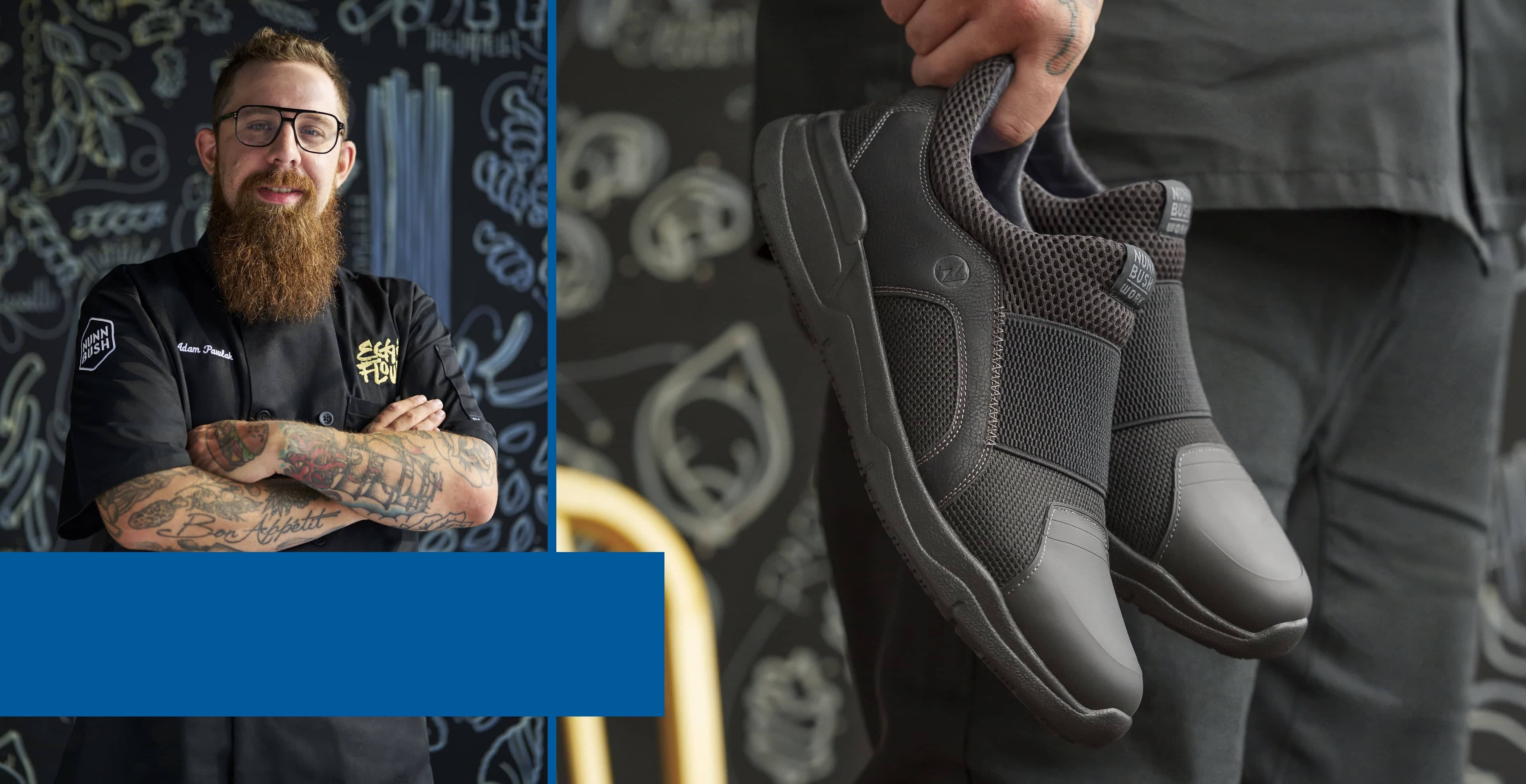 Image features Chef Adam Pawlak holding his Grazie AP1 shoe. 