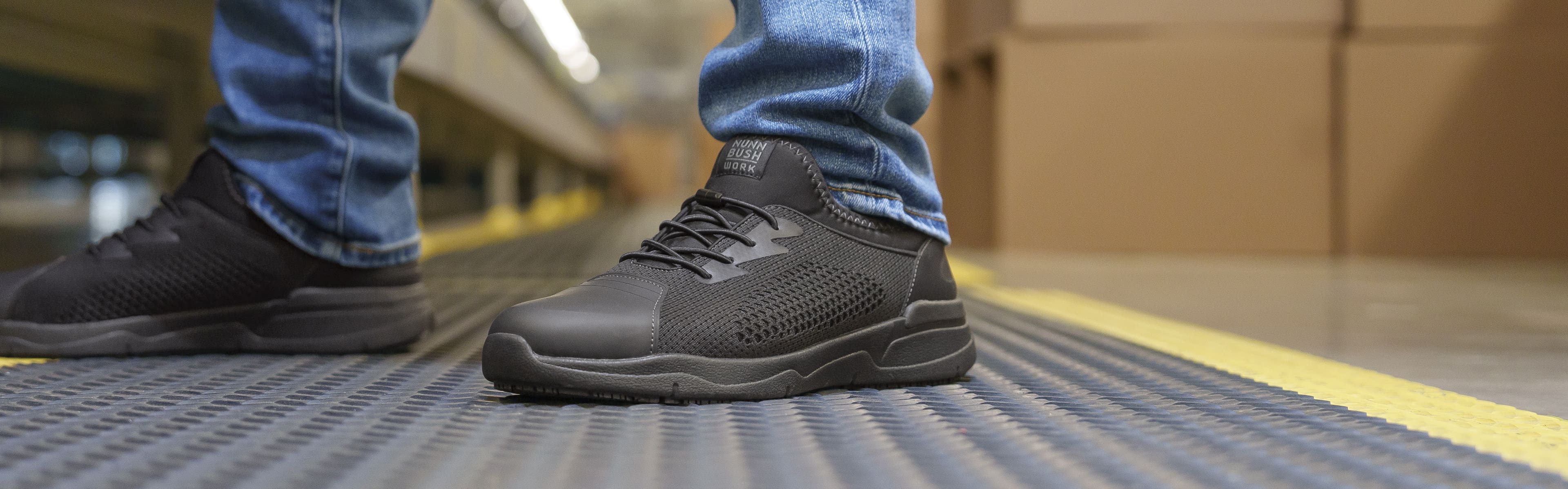 Introducing the New Nunn Bush work shoe - The Grazie! Image features the Grazie working in a warehouse.