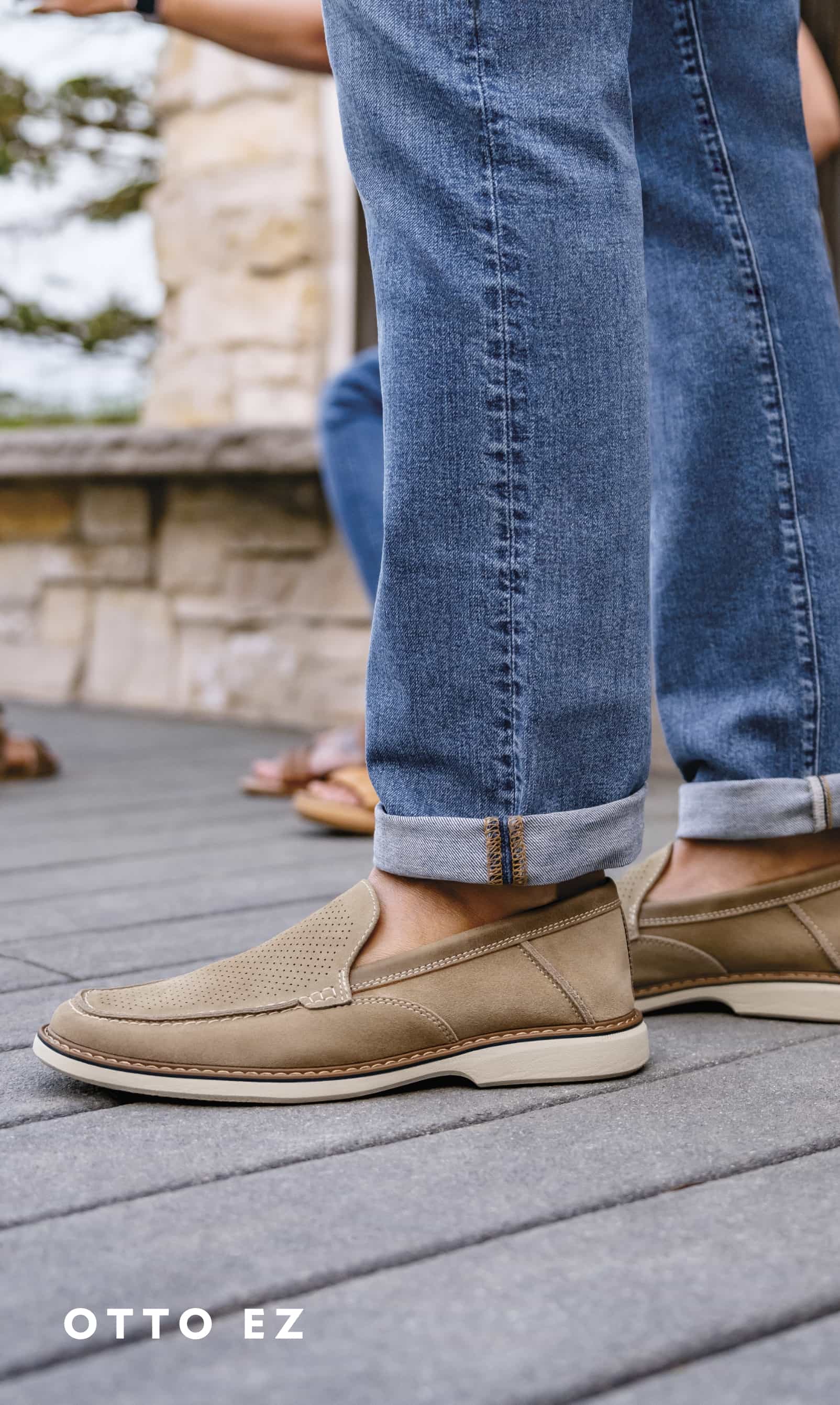 Men's Dress Shoes category. Image features the Otto EZ slip on in tan.
