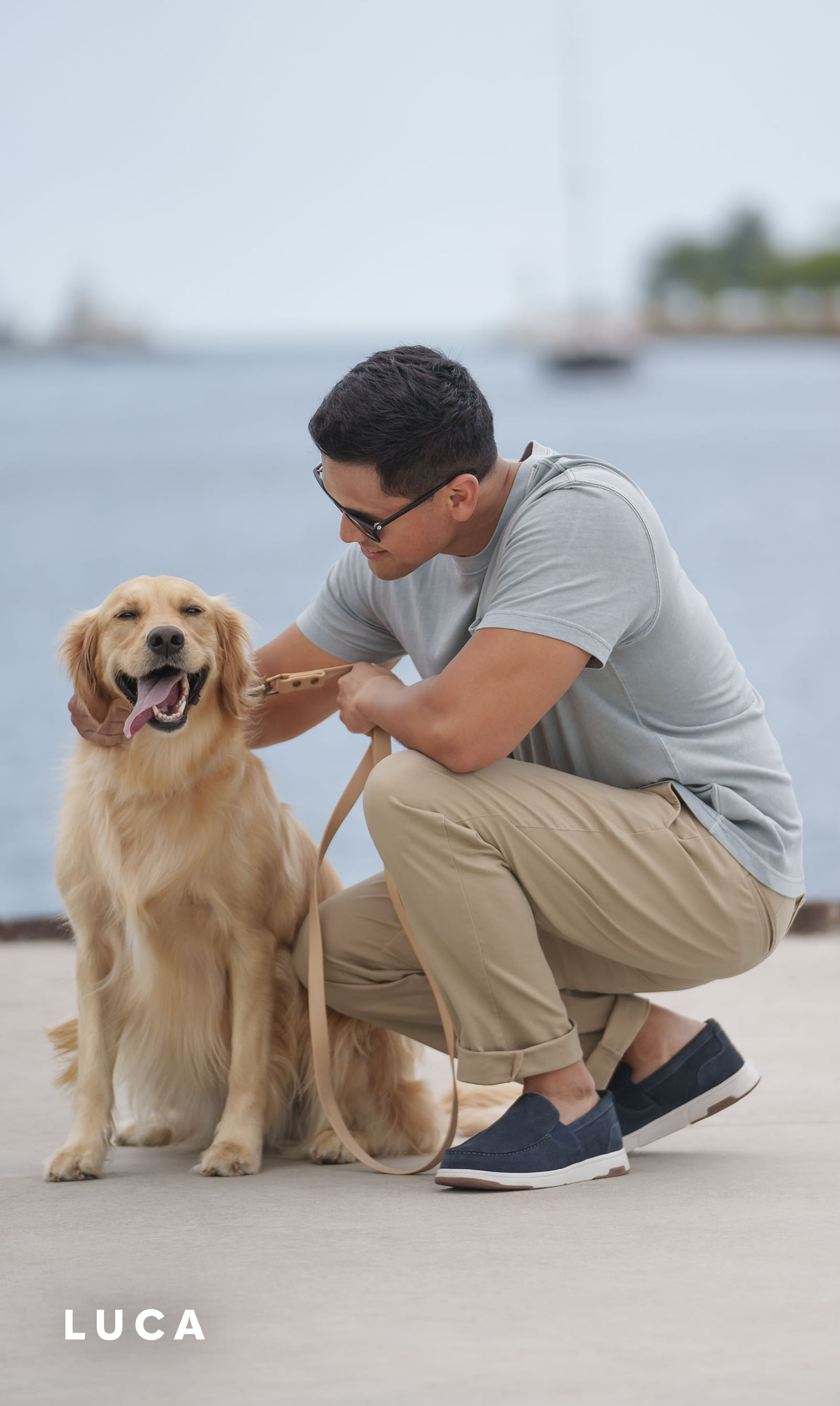 Men's Casual Shoes category. Image features the Luca suede loafer in navy with a golden retriever. 